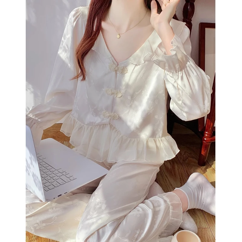 查理夫人【颜芙】设计感丝滑睡衣长袖女士家居服宽松春夏套装睡衣