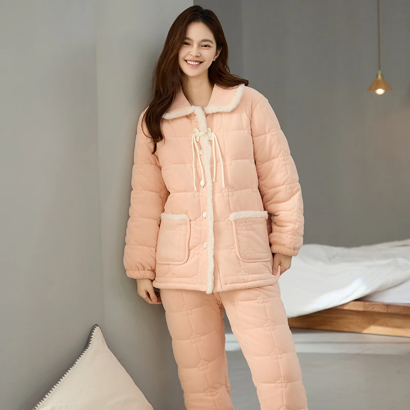 查理夫人【静雪】三层夹棉睡衣女套装时尚加厚保暖韩版冬季家居服