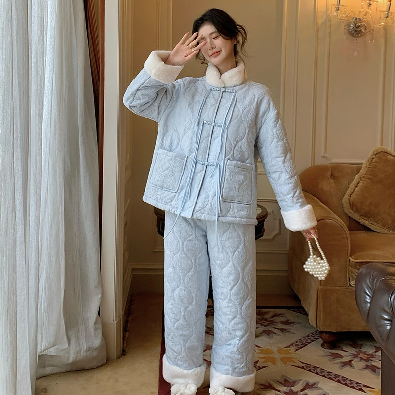 查理夫人【丝然】三层夹棉新款睡衣女新中式冬季加绒加厚睡衣洋气