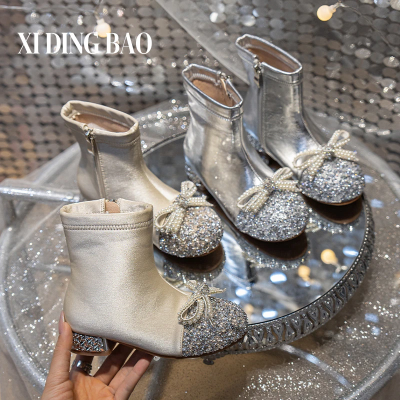 女童公主靴高跟靴儿童靴子新款宝宝冬加绒皮靴水晶短靴保暖洋气