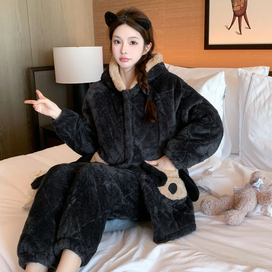 【灰黑色小狗男】2024年可爱耐脏北极绒三层夹棉加厚秋冬家居服