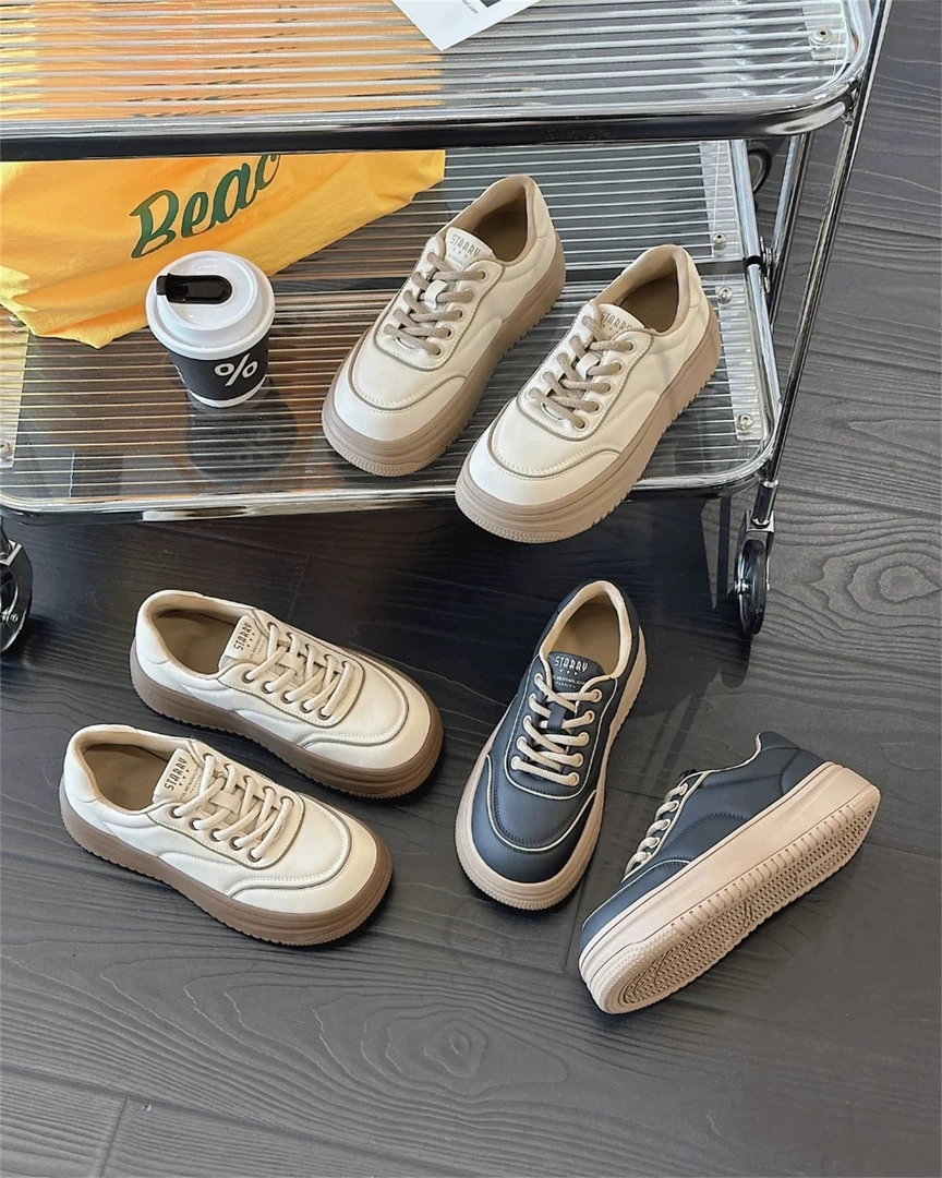 淘鞋馆2024新款真皮时尚百搭潮流轻便舒适软底面包板鞋厚底