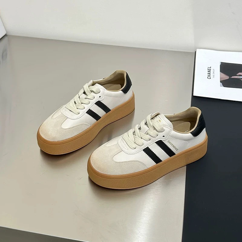 淘鞋馆2024新款真皮时尚百搭潮流舒适软底防滑厚底德训板鞋ins