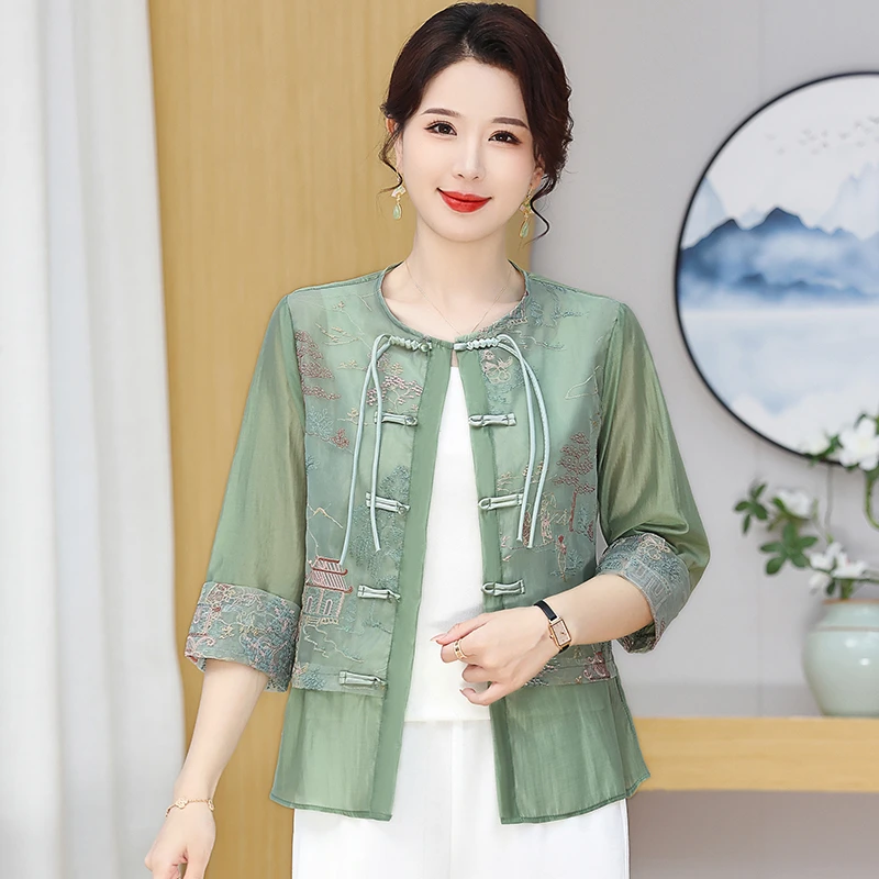 8221妈妈衬衫夏装中国风上衣洋气衬衣中老年女装夏季宽松古风小衫
