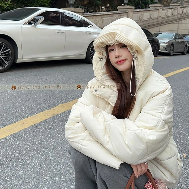 小众设计感花苞连帽加厚短款小个子棉服外套女宽松大码面包服洋气