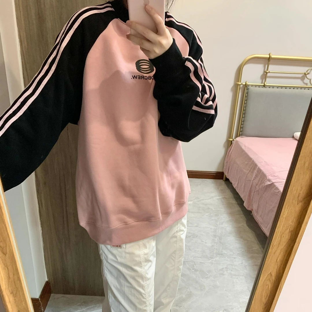 美式ins高街三条杠卫衣女秋冬爆款加绒vibe街头百搭宽松学生上衣