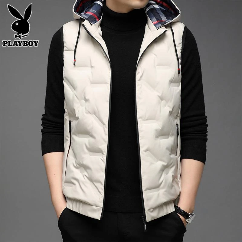 PLAYBOY男士羽绒马甲2023秋冬新款潮流休闲保暖背心连帽马夹外套