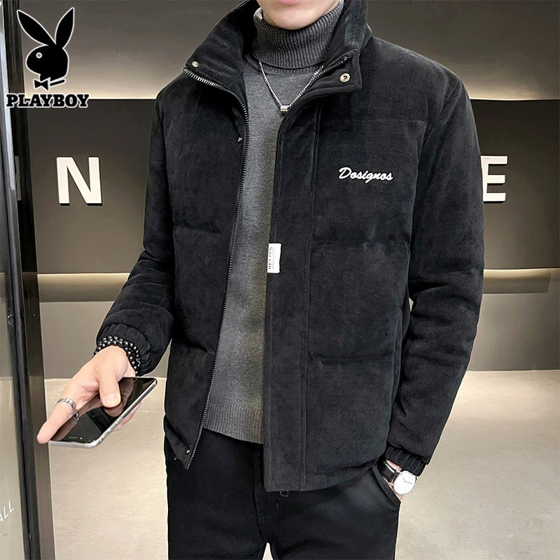 PLAYBOY冬季男款羽绒服灯芯绒外套加厚保暖潮流立领短款冬装上衣