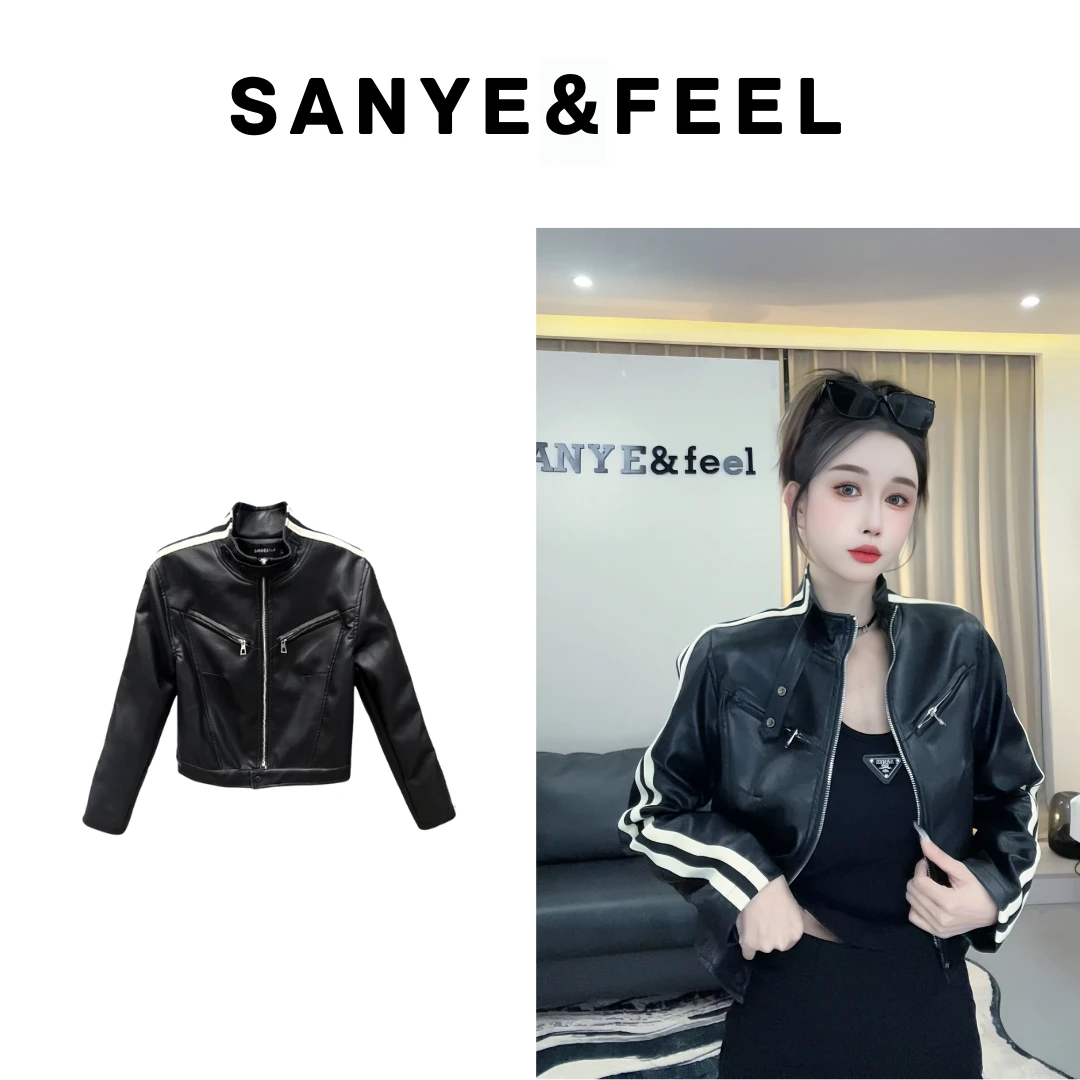 大妍力推【杆条皮衣】62398秋冬新款立领工装杆条机车风皮衣外套QS