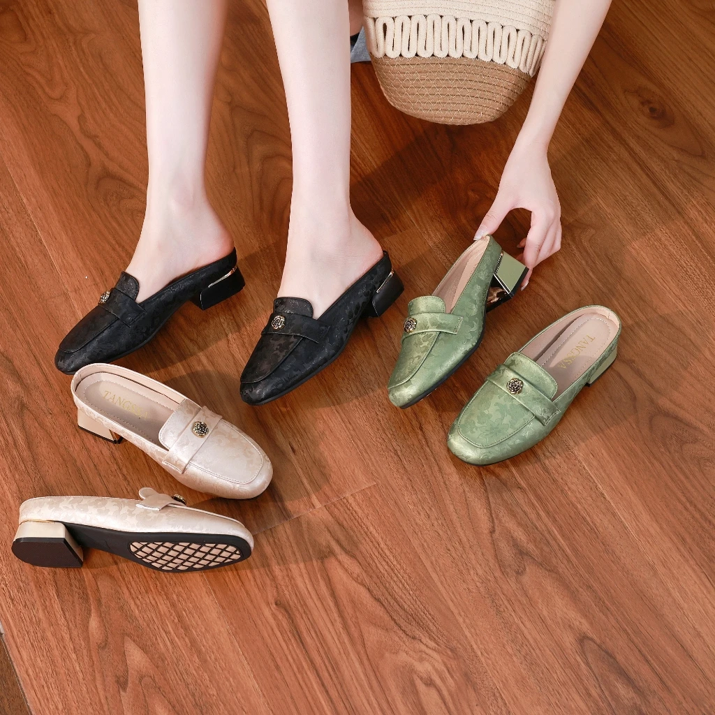 【唐莎TANGSSA】新款高跟夏季玛丽珍包头复古方头中跟国风拖6018-19