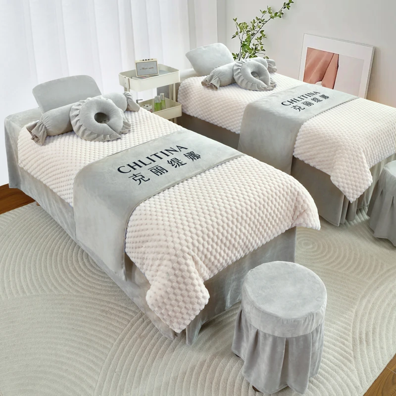 美容床罩四件套秋冬加厚兔毛泡泡绒高档轻奢美容院按摩床单婴儿绒