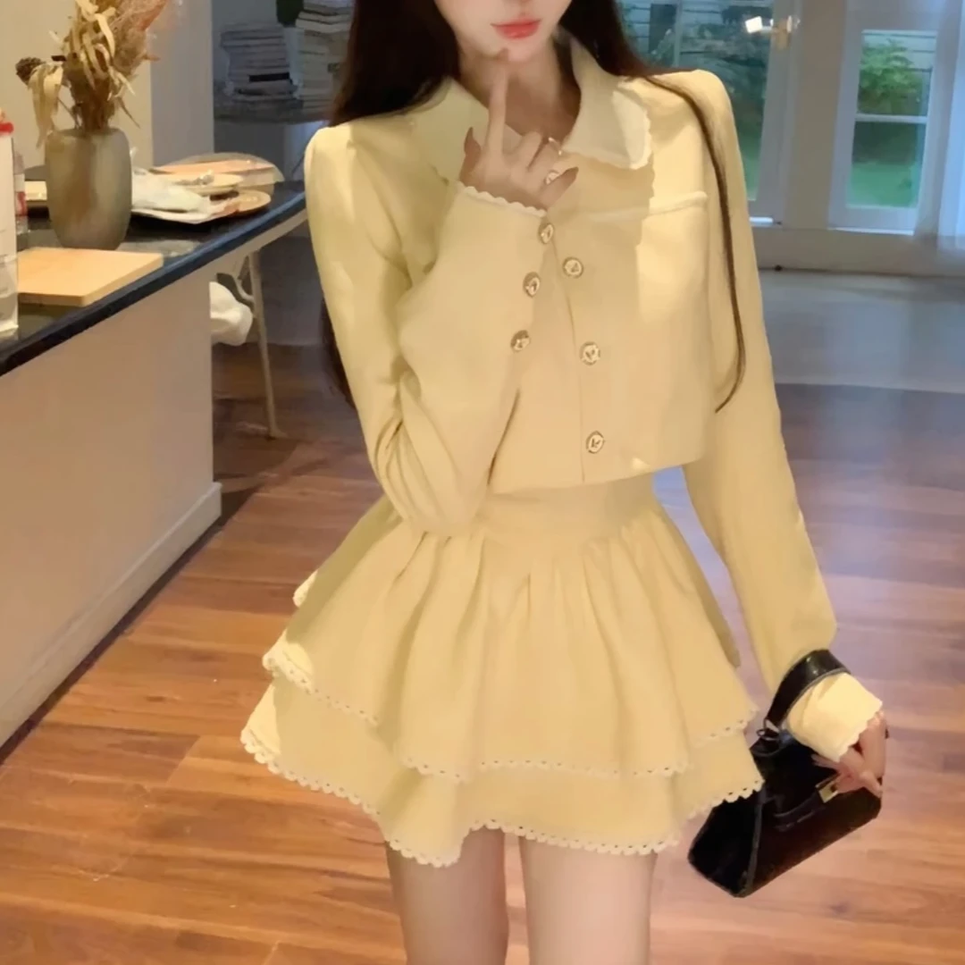 微胖法式小香风甜美套装女秋季短款长袖上衣蓬蓬a字短裙套装9941