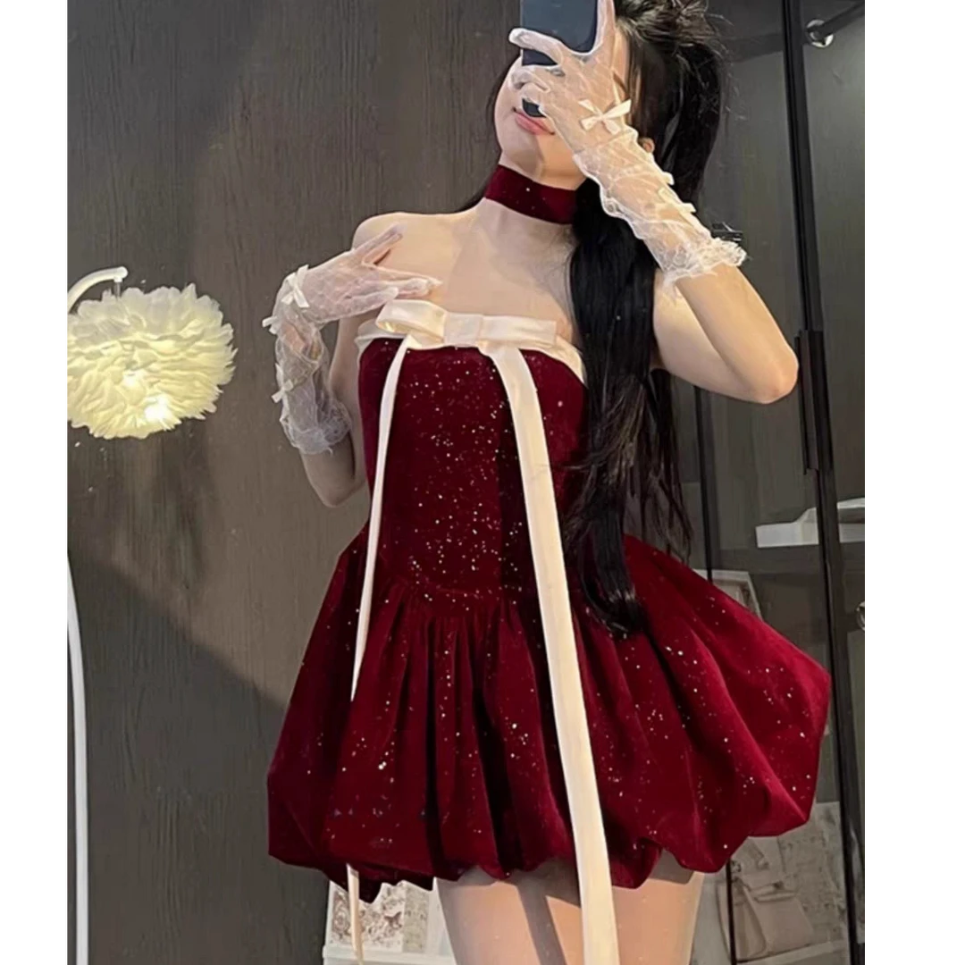 大码微胖mm甜辣风细闪红色抹胸连衣裙女过年花苞短裙子10545