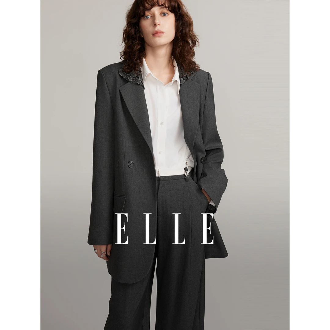 【赵老板专属】ELLE格雷系镂空绣花领西装外套24冬新款正肩EX49679