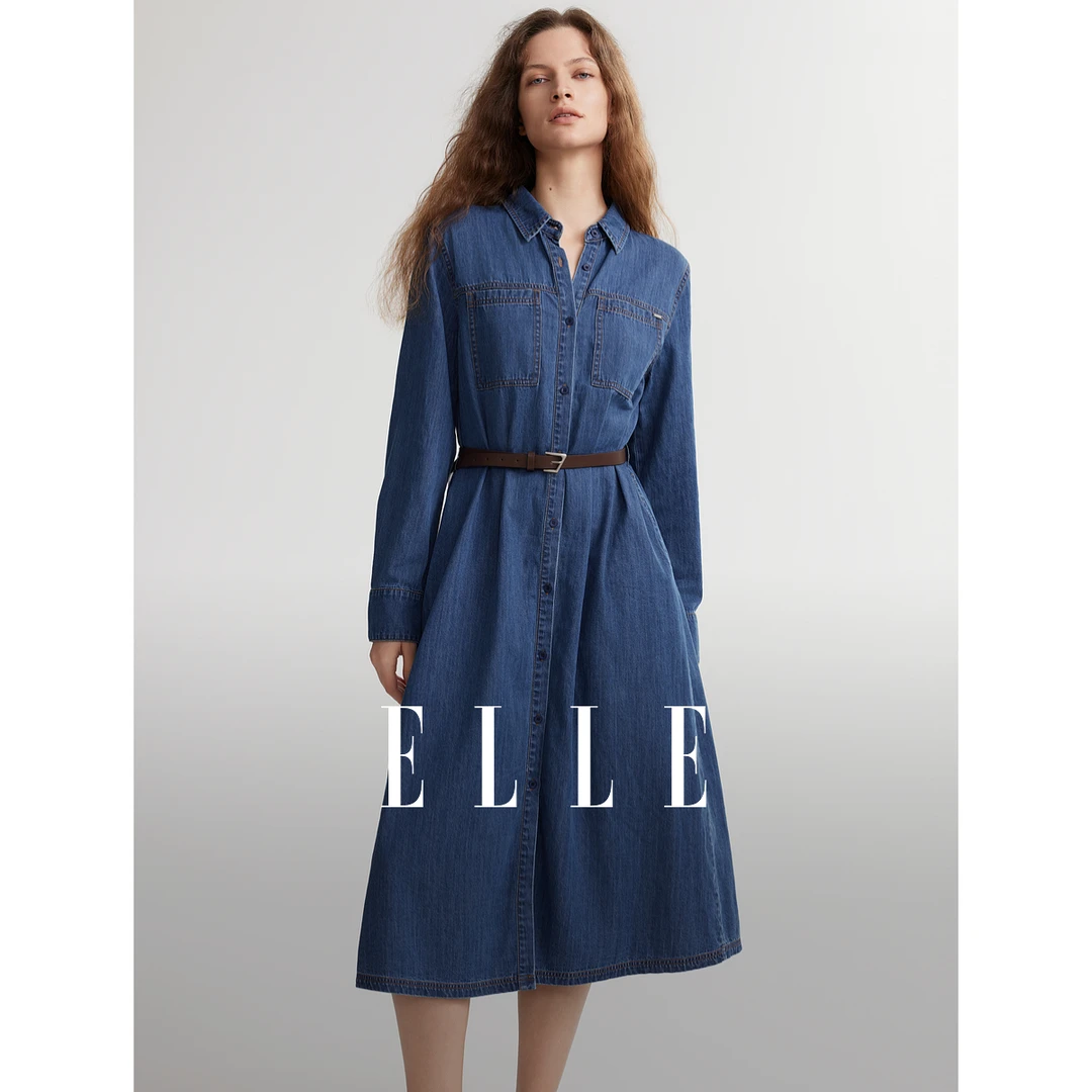 ELLE时尚女装连衣裙2025春季新款风感波粒显瘦气质复古EL49248