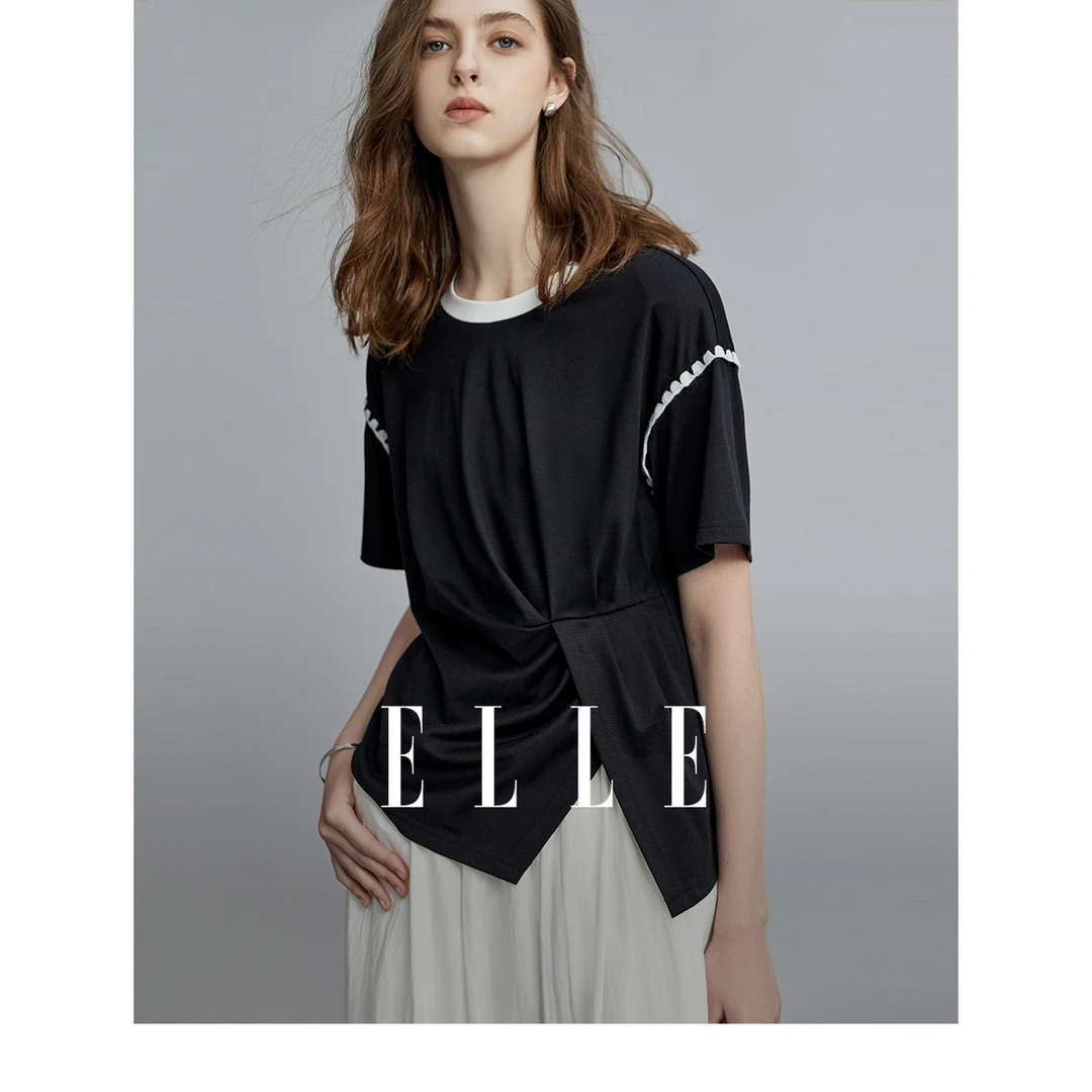 ELLE黑色设计感开叉T恤女装2023夏装新款简约小众短袖上衣ET34950