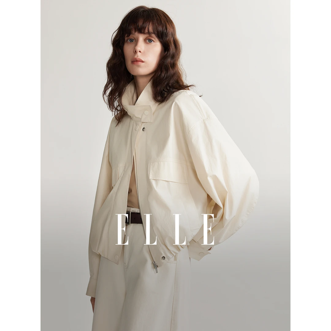 ELLE立领上衣女外套2024夏季新款风感波粒小个子百搭小众EF49054