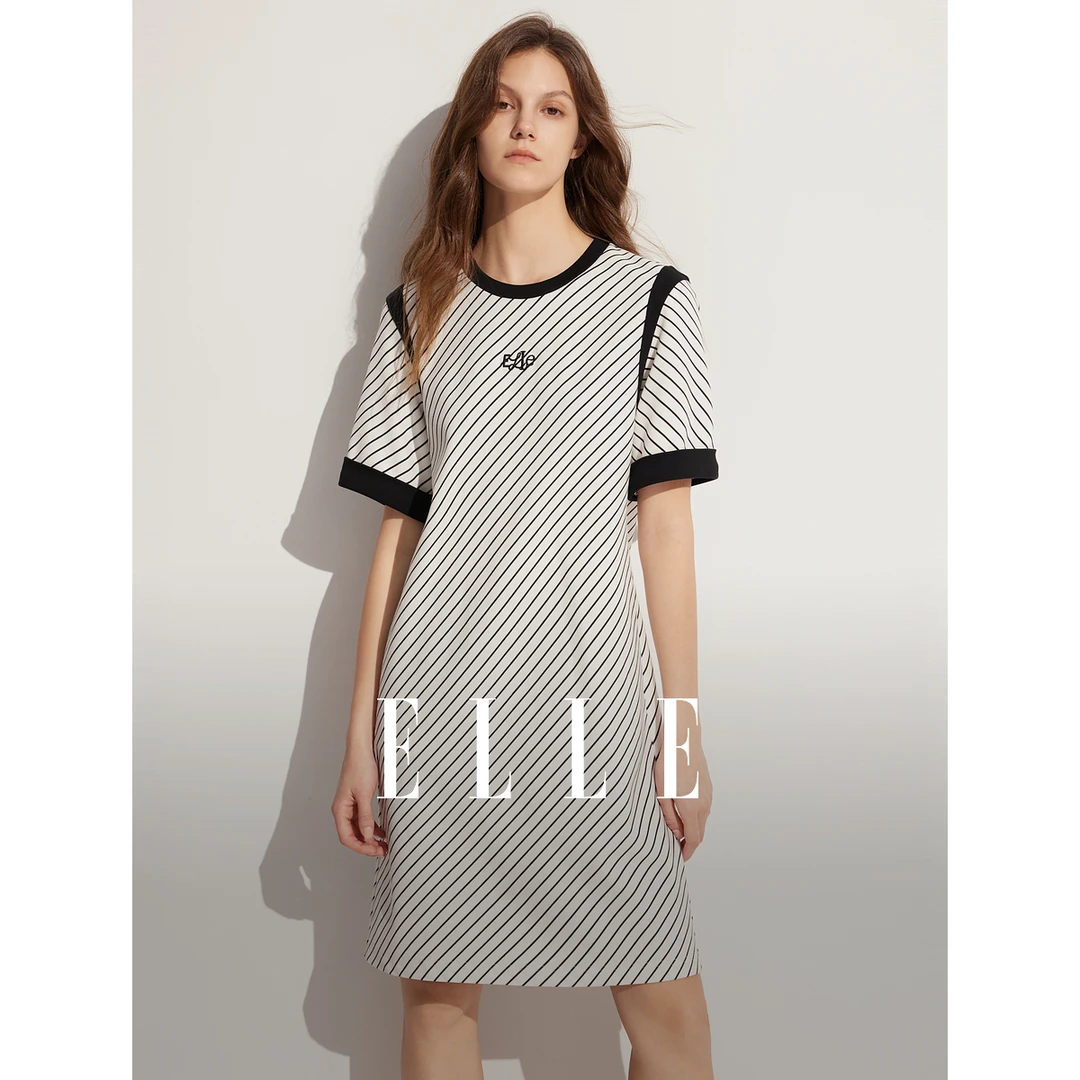 【大叔女装】ELLE条纹短袖连衣裙24夏新款通勤风直筒显瘦EL48681