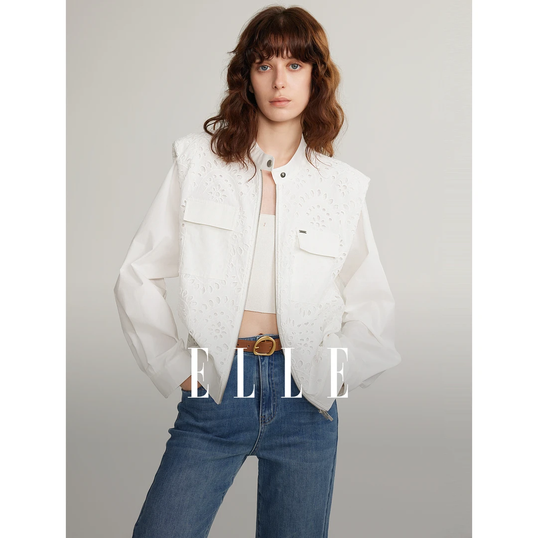 ELLE气质立领上衣女外套2024夏季新款风感波粒百搭休闲EF48823