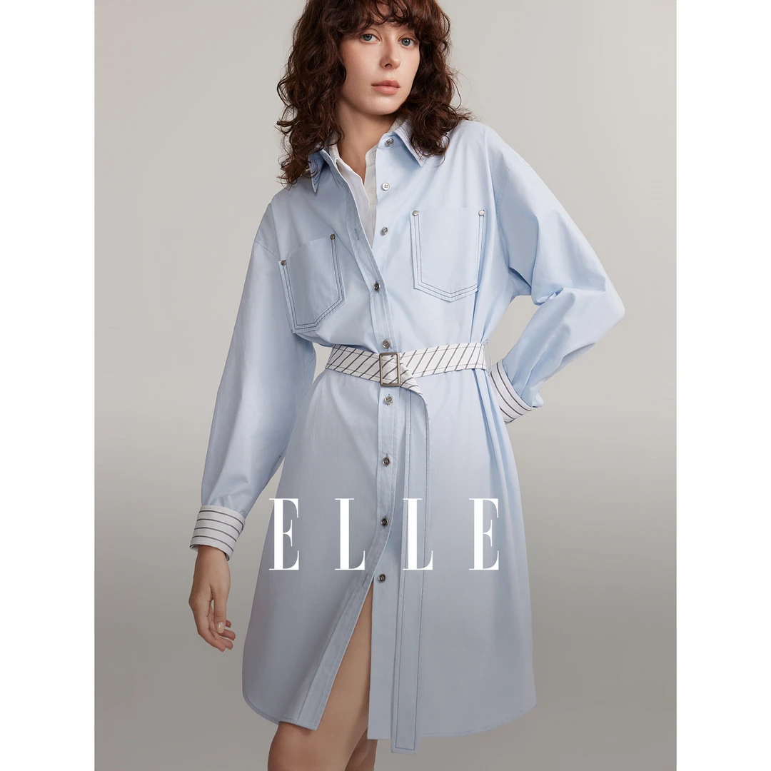ELLE法式拼接撞色衬衫式连衣裙女2024冬装新款通勤气质EL40053