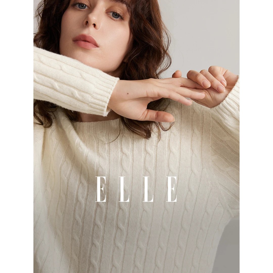 ELLE长袖百搭毛衣2024冬季新款雅丹风针织宽松纯色保暖EM40044