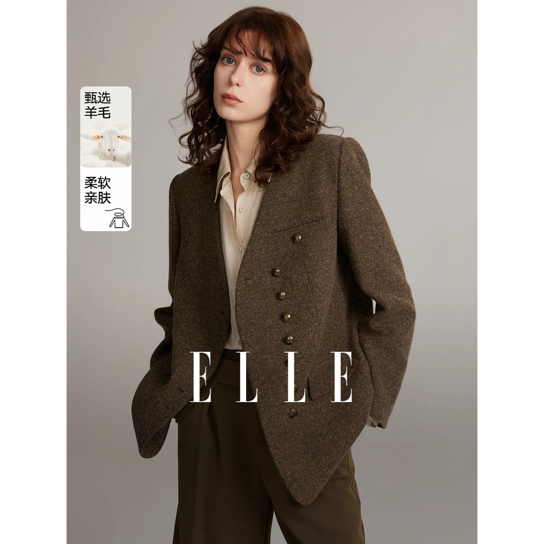 ELLE法式高级设计感西装外套2024冬季新款雅丹风气质复古EX49705