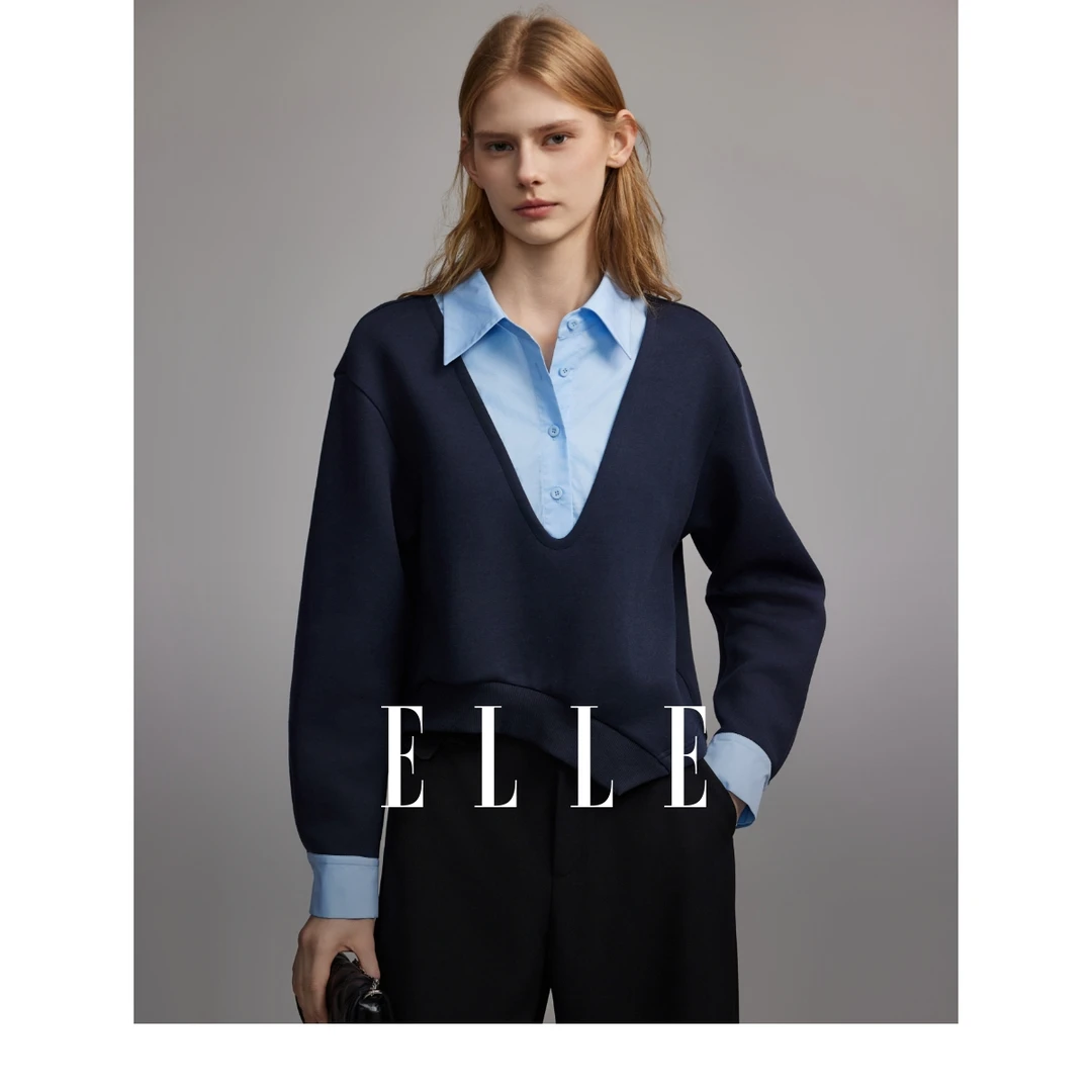 【赵老板专属】ELLE时尚休闲翻领卫衣24春款假两件拼接上衣EW47042