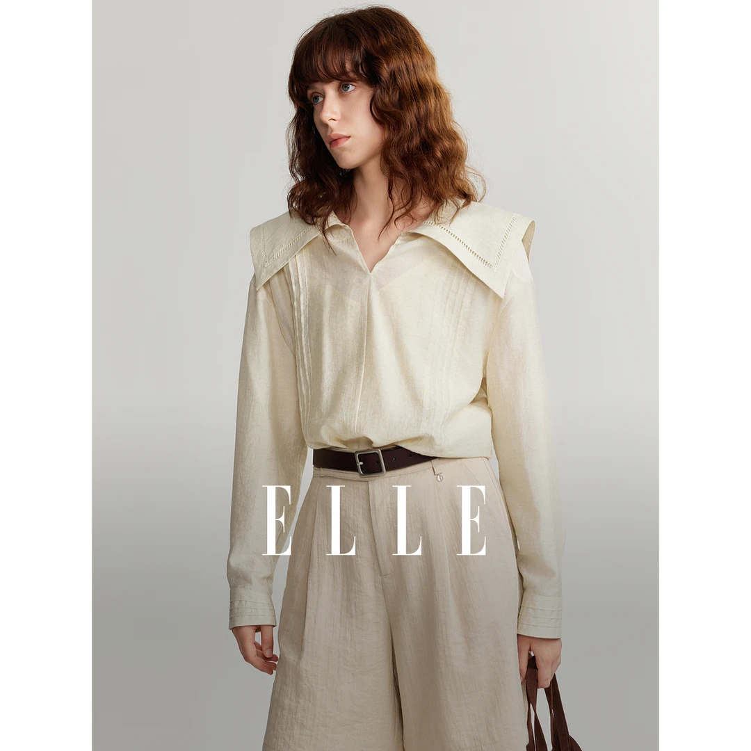 ELLE翻领设计感长袖衬衫2024夏季新款风感波粒时尚休闲EM48639
