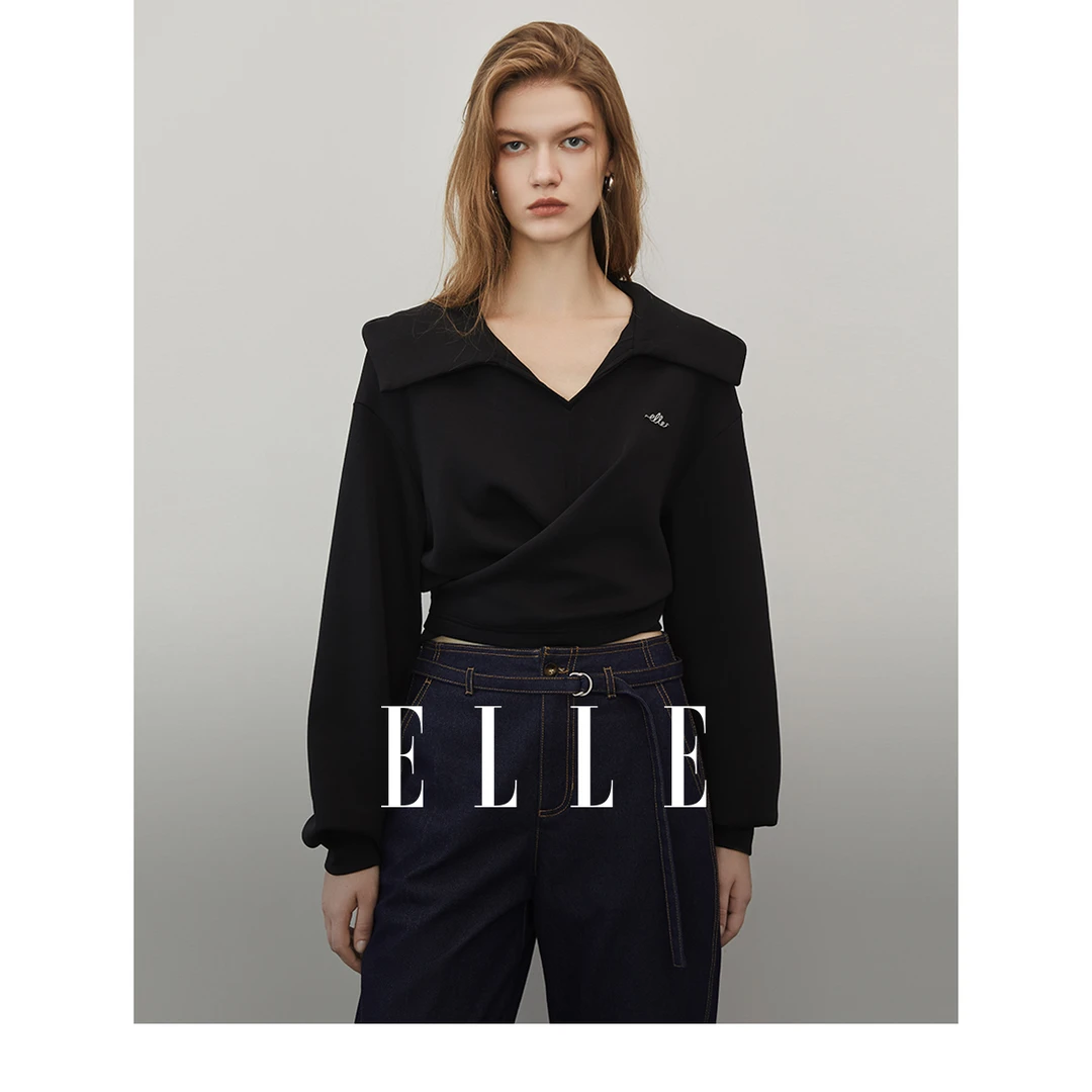 【赵老板专属】ELLE连帽卫衣秋新款通勤短款上衣EW35786设计师