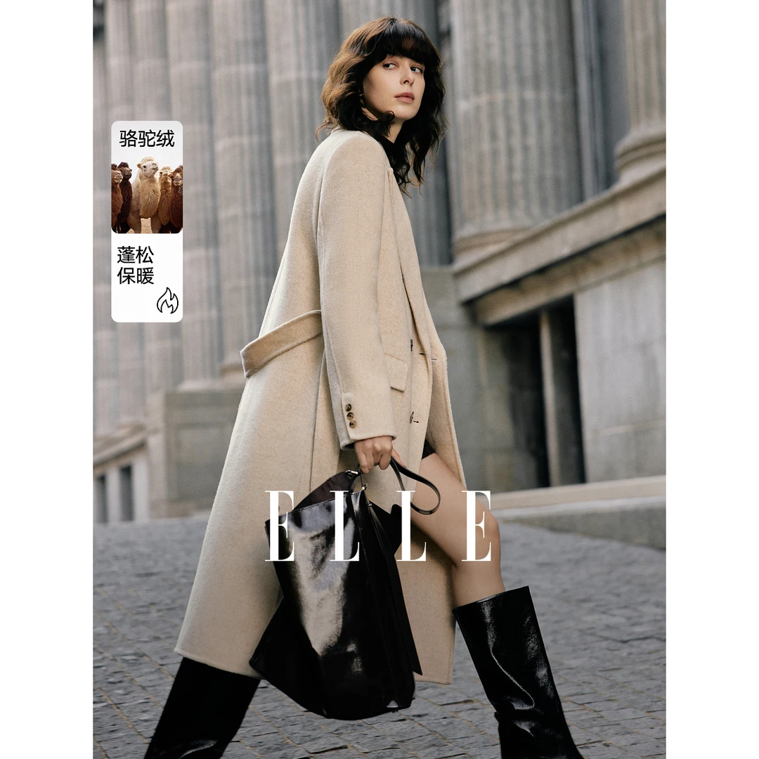 ELLE法式气质毛呢外套2024冬季新款雅丹风绵羊毛百搭时尚EN40074