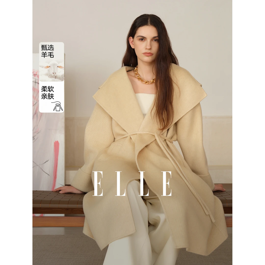 【赵老板专属】ELLE绵羊毛骆驼绒双面呢大衣24冬新款雅丹风EN40018