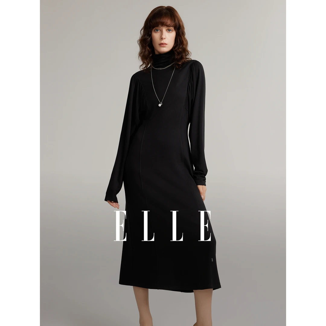【赵老板专属】ELLE兔毛高领蝙蝠袖连衣裙2024冬季新款EL40144