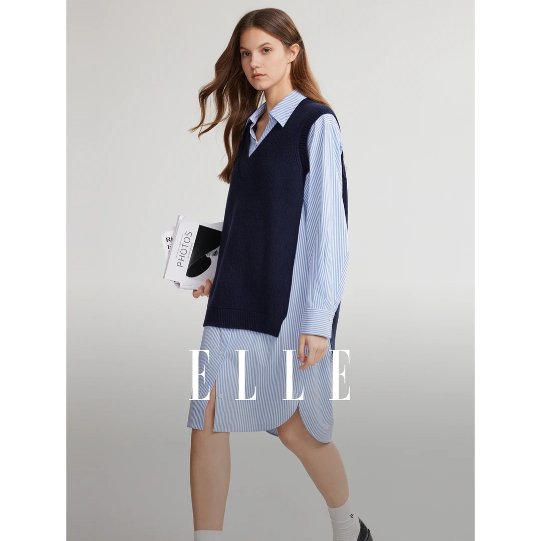 ELLE假两件拼接女装连衣裙2025春季新款尤莱特休闲长袖EL49469