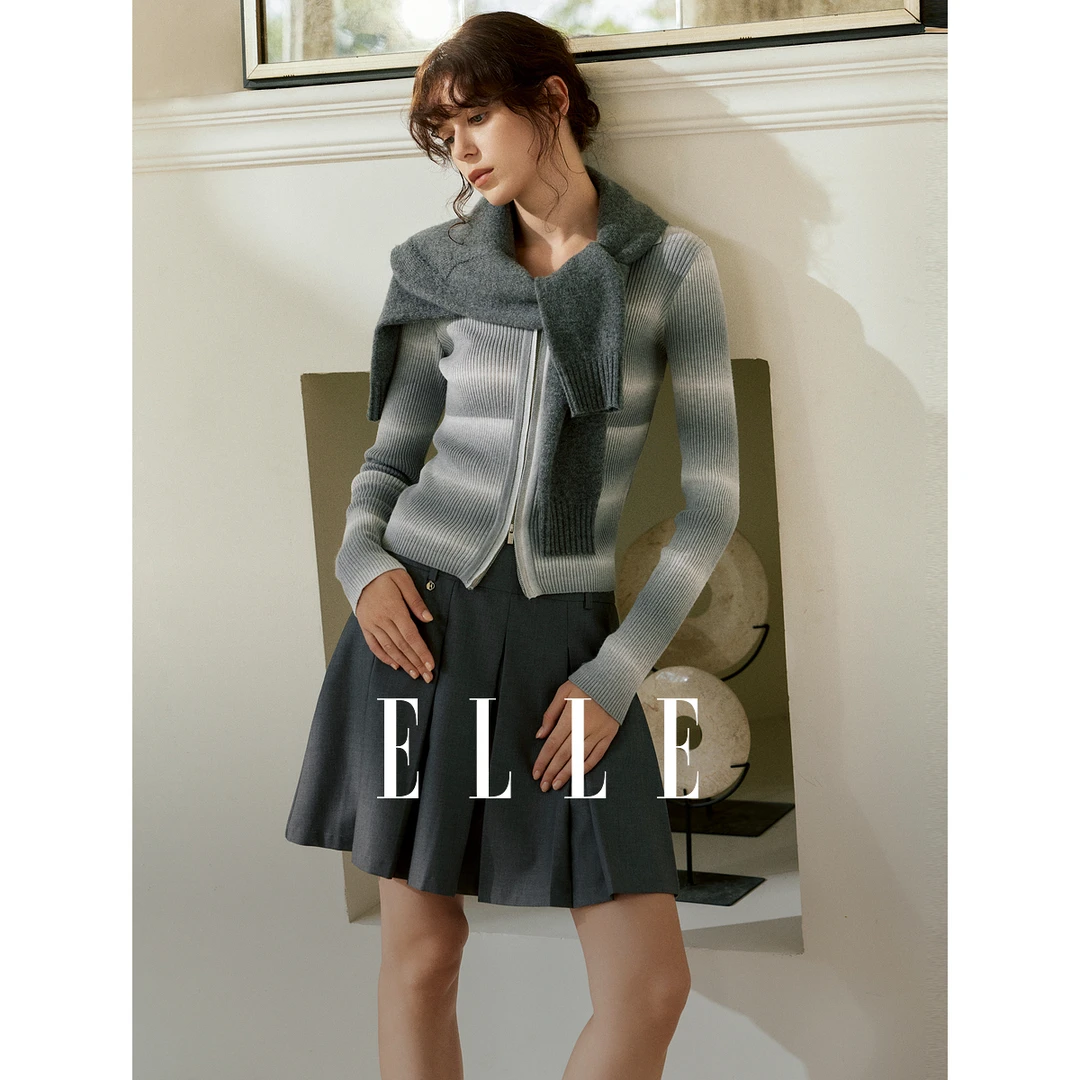 ELLE修身显瘦长袖针织衫2024冬季新款风感波粒百搭时尚EZ48913