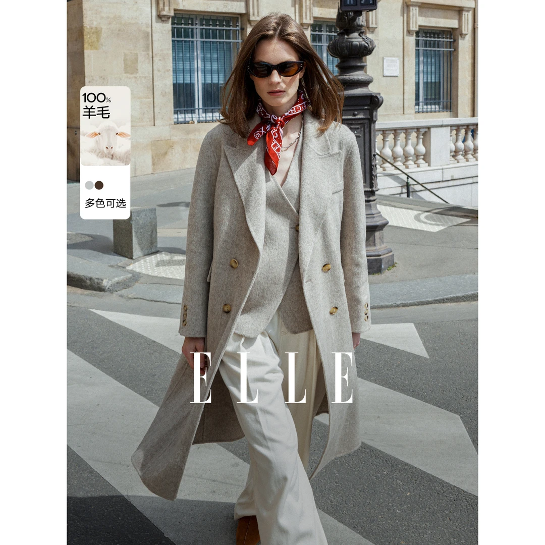 ELLE法式气质显瘦长款毛呢外套2024冬季新款雅丹风职业EN48866