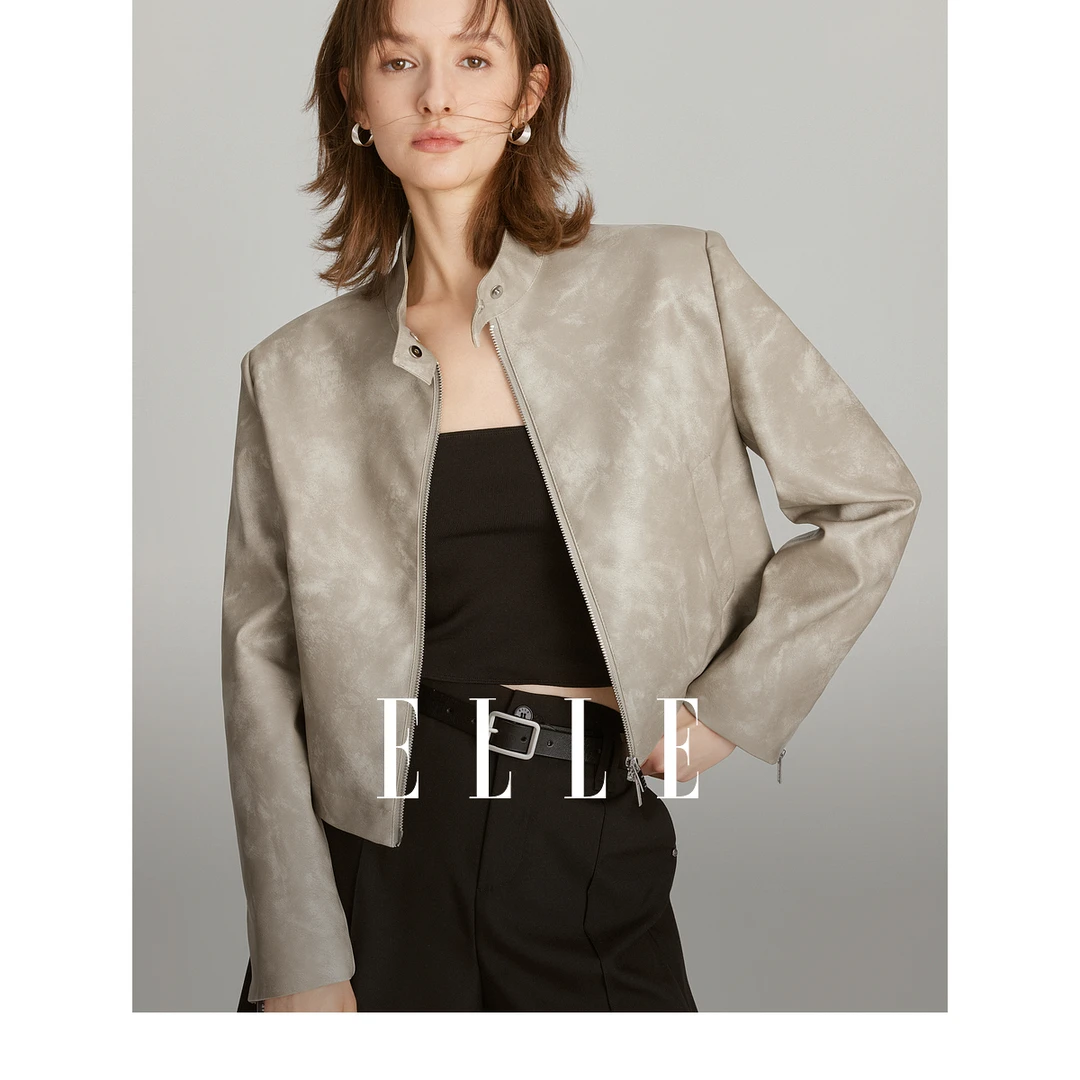 【赵老板专属】ELLE时尚皮衣外套2025春款气质短款夹克上衣EF47389