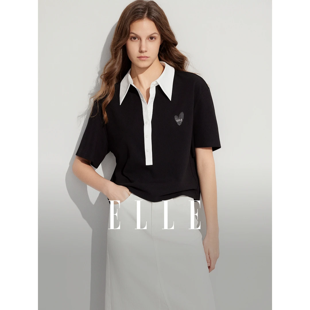 【大叔女装】ELLE休闲翻领T恤2024夏新风感波粒高贵撞色ET48323