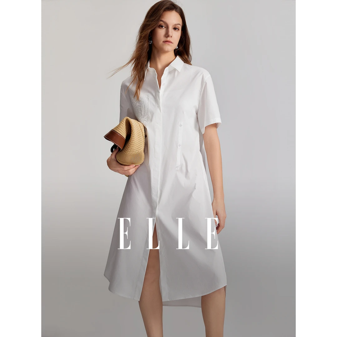 ELLE气质简约时尚连衣裙2024夏季新款风感波粒白色休闲EL48029
