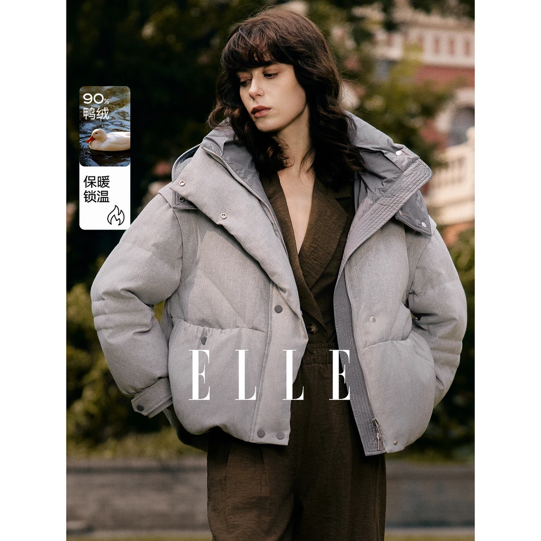 ELLE连帽气质羽绒服2024冬季新款雅丹风时尚休闲保暖加厚EY48894