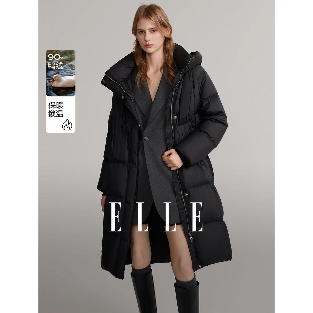 ELLE90白鸭绒立领连帽中长款羽绒服女2024冬季新款纯色EY40364