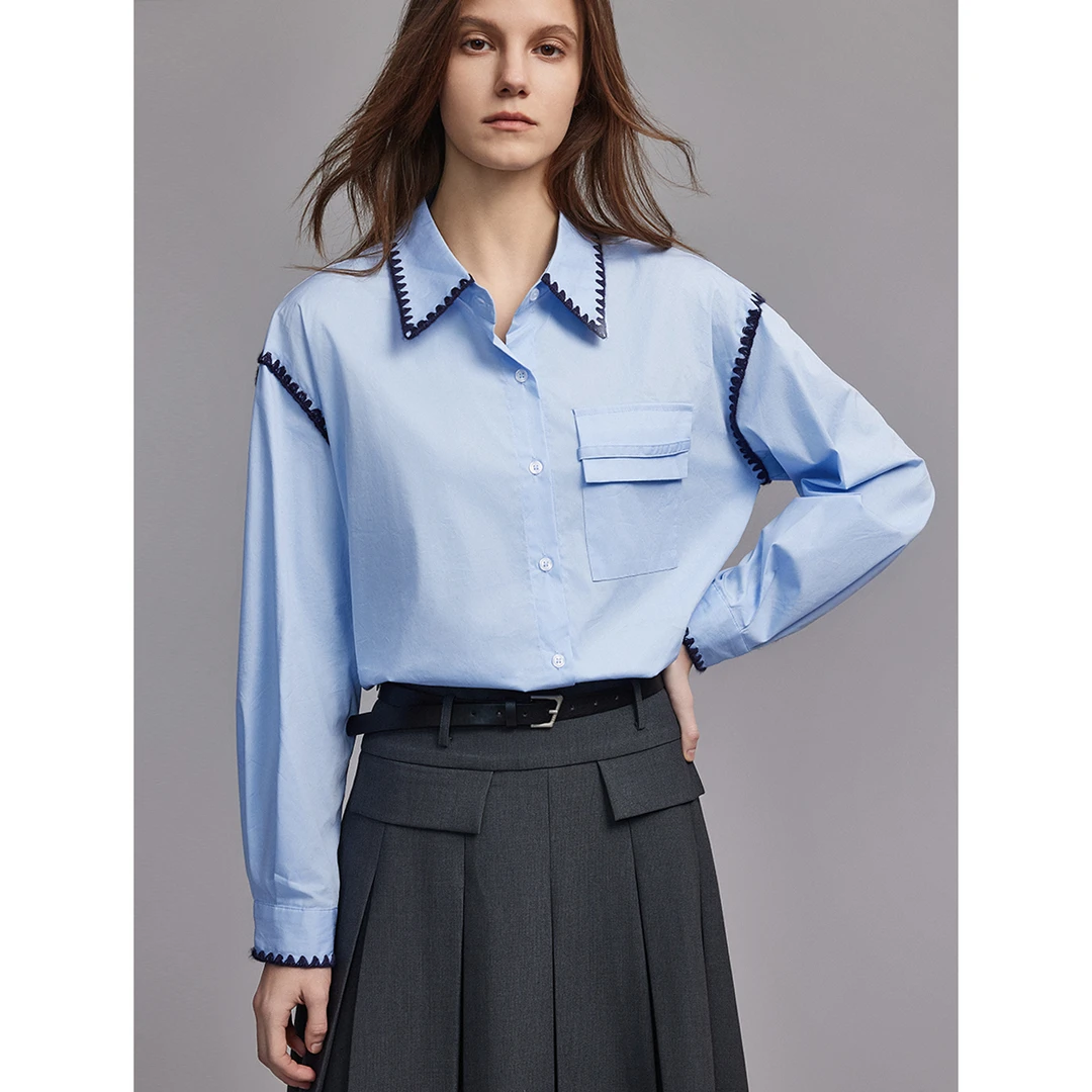 【赵老板专属】ELLE气质衬衫2024春新款通勤贝壳绣衬衣上衣-EC35240