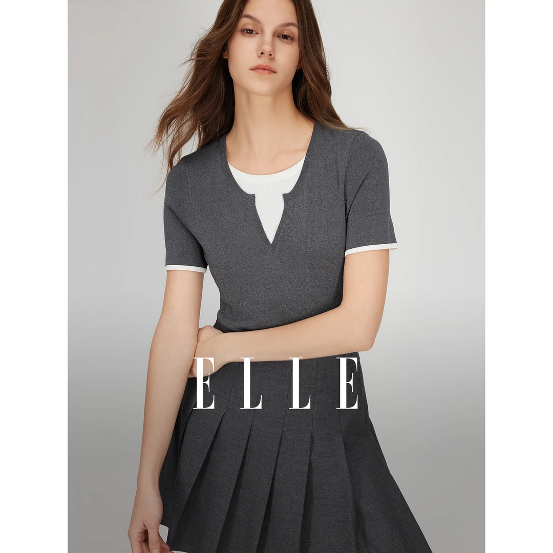 ELLE显瘦百搭毛针织衫2024夏季新款风感波粒休闲修身撞色EZ48406