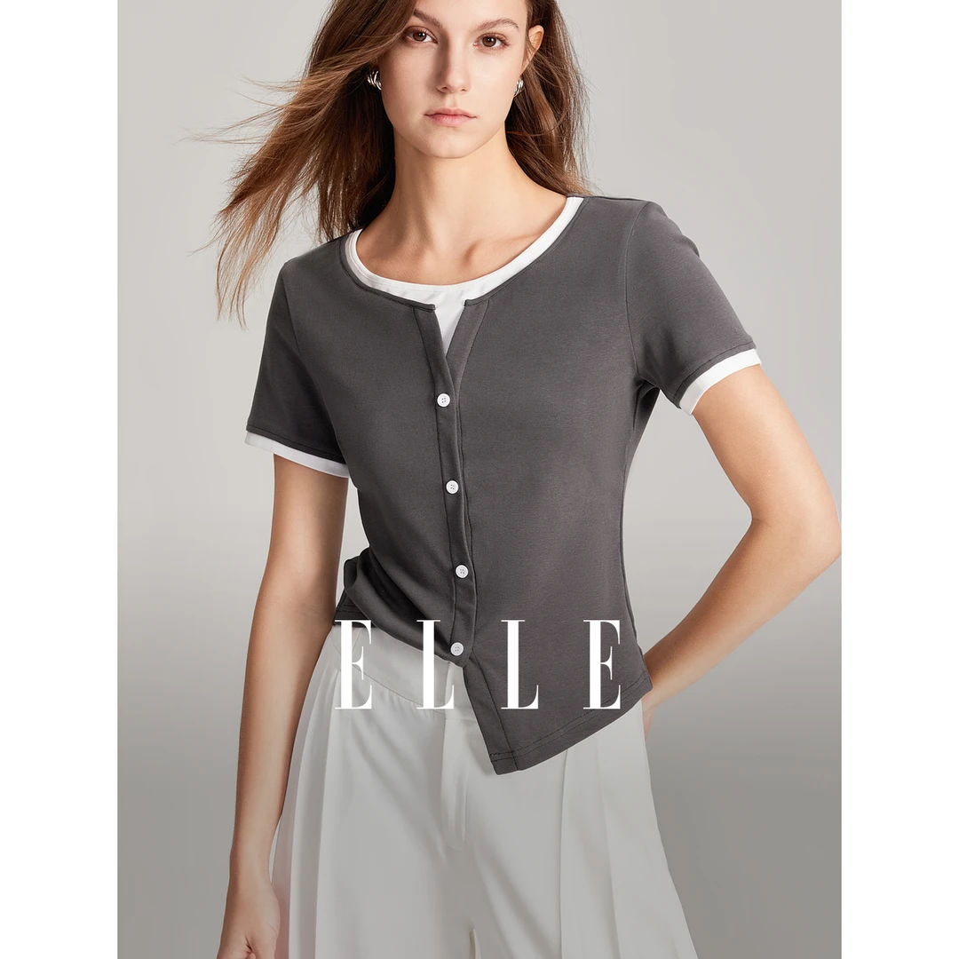 【王雪糕专属】ELLE圆领撞色T恤24夏新款风感波粒百搭修身ET47955