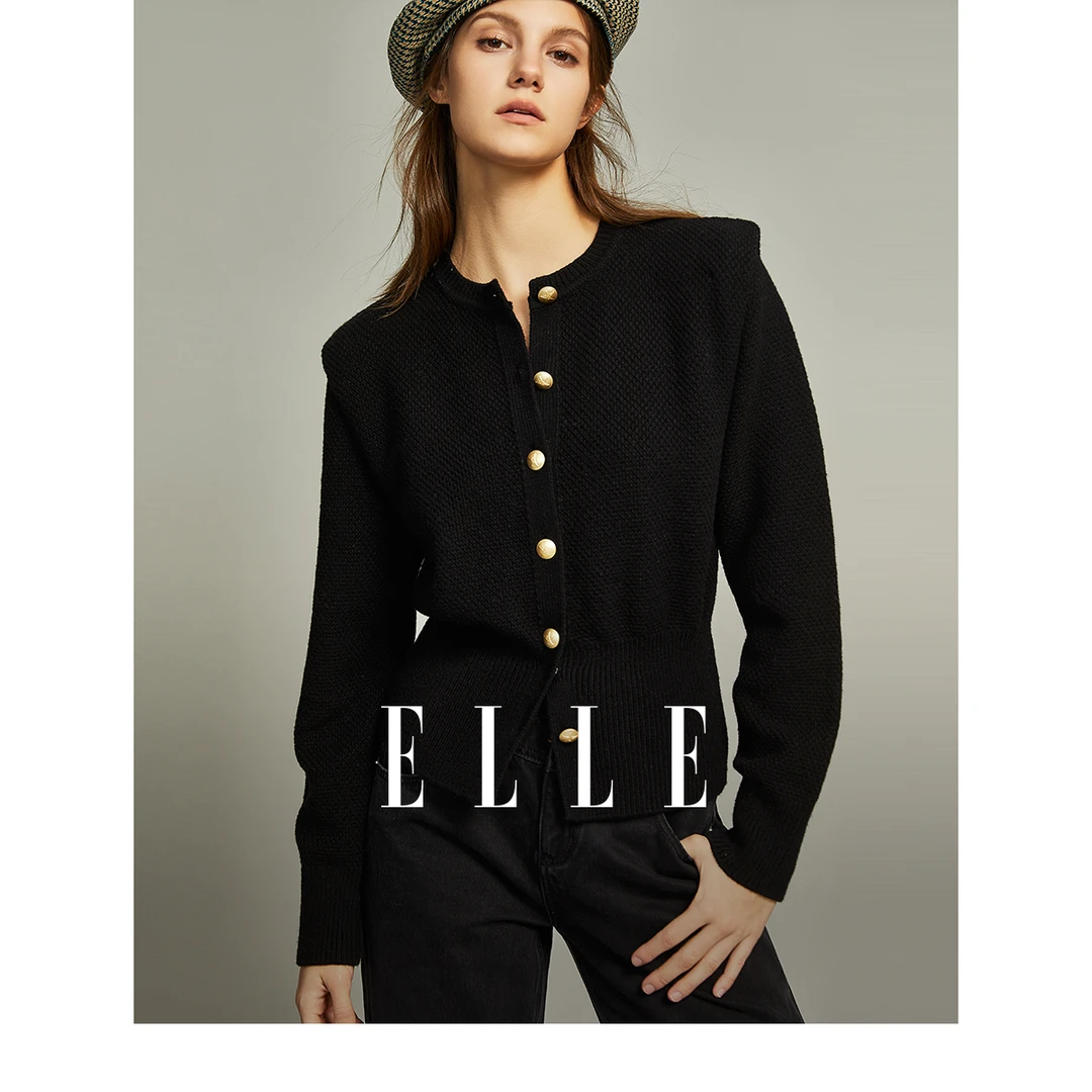 ELLE黑色高级感毛针织开衫女新款通勤风气质小众毛衣外套EZ36100