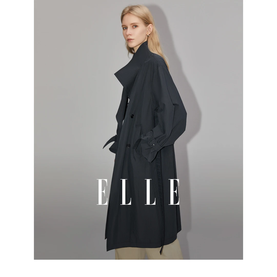 ELLE暗黑内啡肽中长款高档风衣外套女款2023秋装新款风衣-ED35436