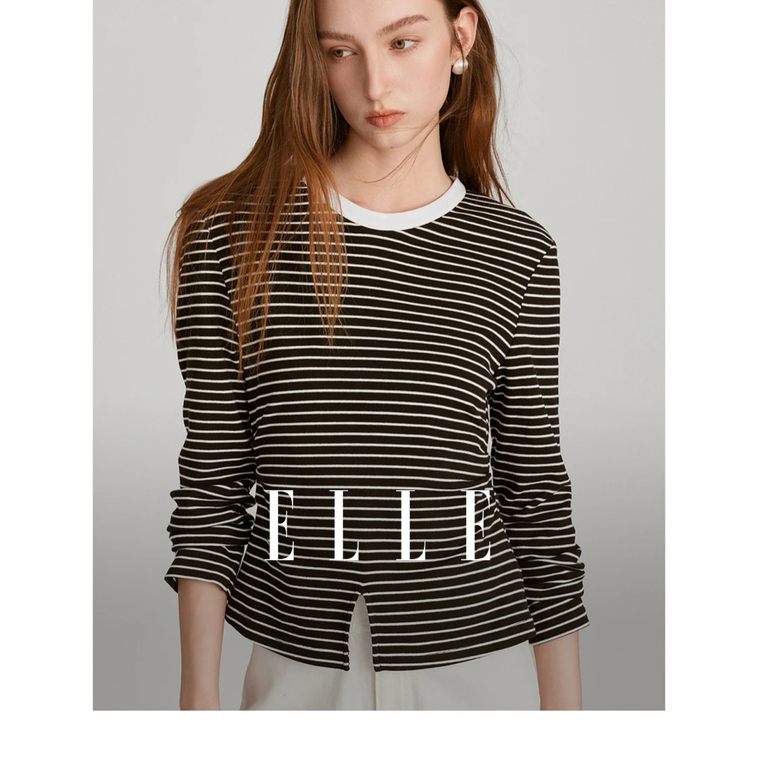 【李易行专享】ELLE休闲长袖圆领T恤24春新款条纹套头上衣ET47162