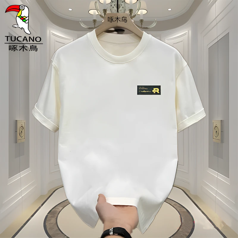 啄木鸟夏季男士白色纯棉韩版印花圆领百搭新款宽松半袖上衣打底衫