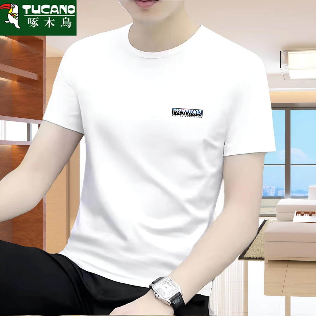 啄木鸟男士纯棉短袖t恤夏季修身宽松印花时尚潮流装圆领半袖T恤衫