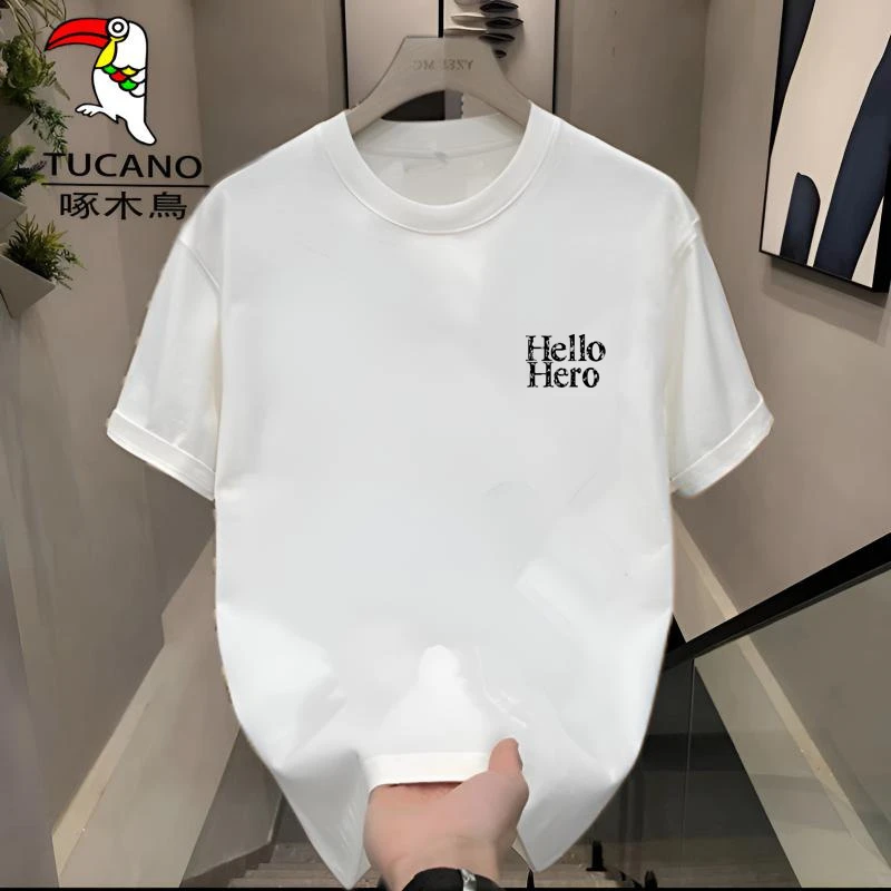 TUCANO/啄木鳥男士休闲短袖t恤圆领修身宽松印花白色百搭时尚半袖