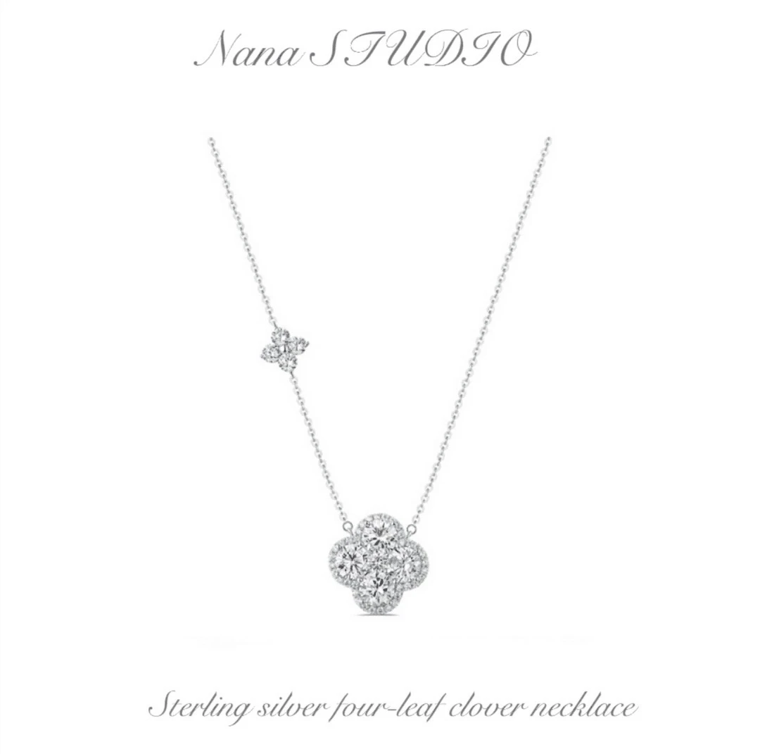 坠链均925银合成锆石 镀K金 轻奢设计师款手工镶嵌四叶花项链E032